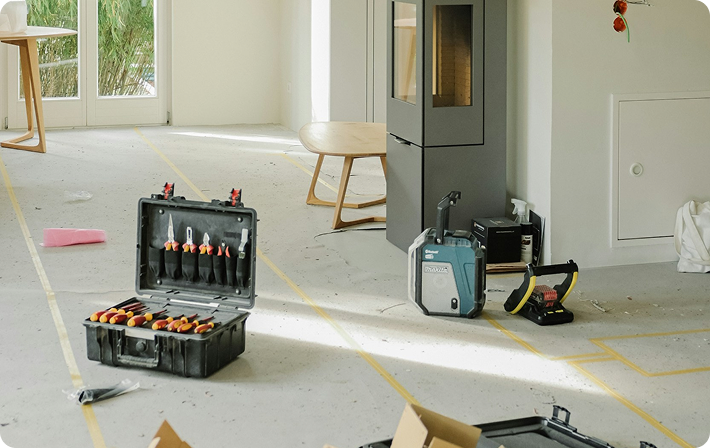 Home renovation project tools in a room